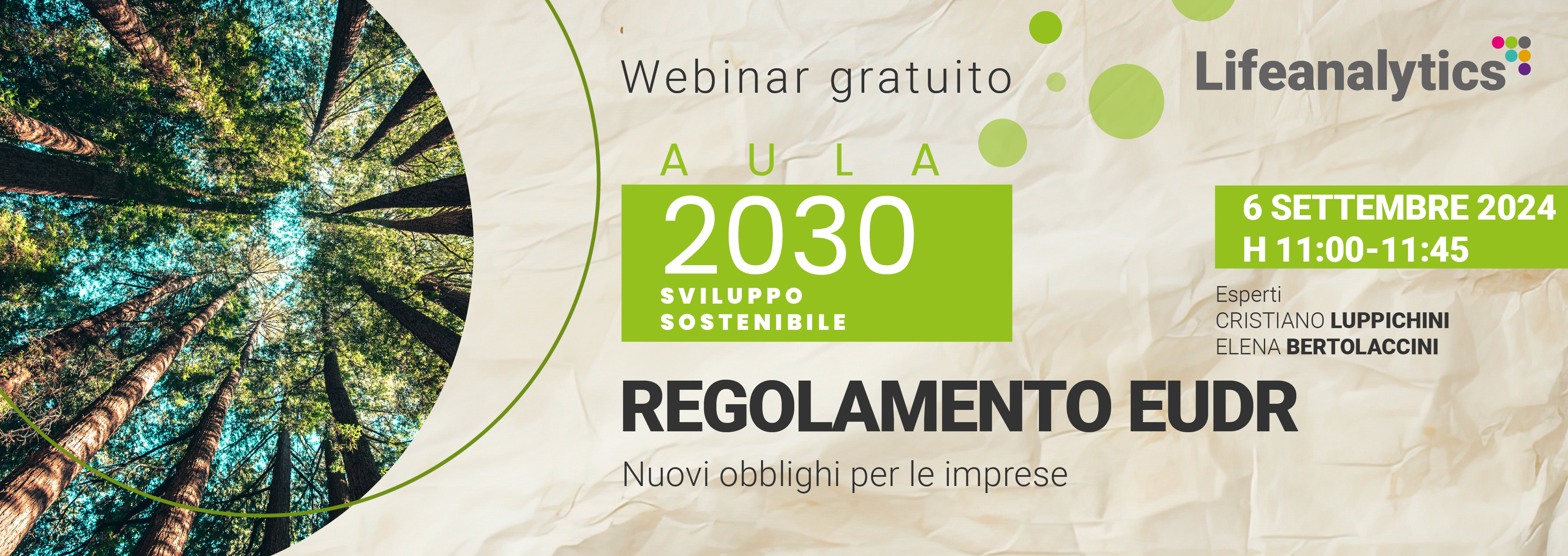 Illustrazione del webinar Aula 2030 - Regolamento EUDR Nuovi obblighi per le imprese promosso della business unit EHS di Lifeanalytics