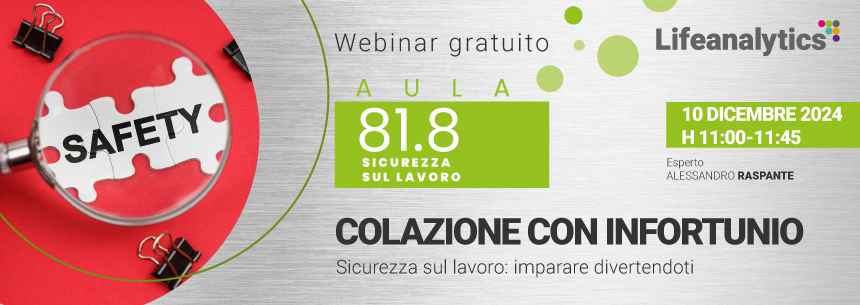 Immagine di una lente che ingradisce un puzzle con la parola safety che promuove il webinar Colazione con infortunio. Sicurezza sul lavoro: imparare divertendosi promosso dalla Business Unit EHS di Lifeanalytics