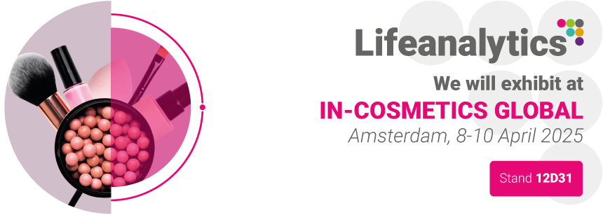 Cosmetic products representing the In-Cosmetics Global fair in April 2025, which the Cosmetic and Medical Device business unit of Lifeanalytics will attend
