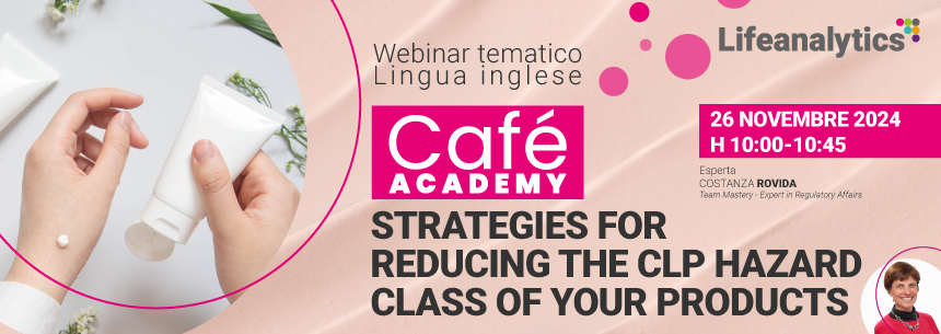 Immagine che ritrae le mani di una persona che sta usando un flacone di crema, che promuove il webinar sulle strategie per ridurre la classe di pericolo CLP dei prodotti della business unit Cosmesi di Lifeanalytics