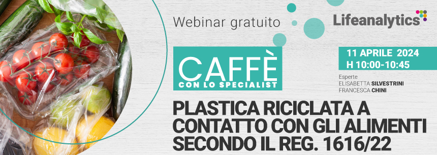 Illustrazione del webinar Plastica riciclata a contatto con alimenti che si terrà l'11/04/24