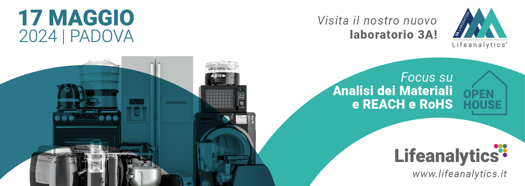 Illustrazione che promuove l'evento Open House di 3 A Laboratori Lifeanalytics a Padova